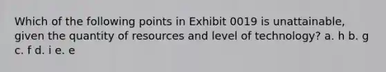 Which of the following points in Exhibit 0019 is unattainable, given the quantity of resources and level of technology? a. h b. g c. f d. i e. e