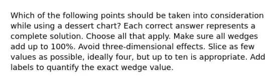 Which of the following points should be taken into consideration while using a dessert chart? Each correct answer represents a complete solution. Choose all that apply. Make sure all wedges add up to 100%. Avoid three-dimensional effects. Slice as few values as possible, ideally four, but up to ten is appropriate. Add labels to quantify the exact wedge value.