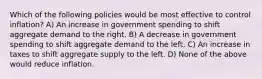 Which of the following policies would be most effective to control inflation? A) An increase in government spending to shift aggregate demand to the right. B) A decrease in government spending to shift aggregate demand to the left. C) An increase in taxes to shift aggregate supply to the left. D) None of the above would reduce inflation.