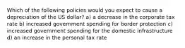 Which of the following policies would you expect to cause a depreciation of the US dollar? a) a decrease in the corporate tax rate b) increased government spending for border protection c) increased government spending for the domestic infrastructure d) an increase in the personal tax rate