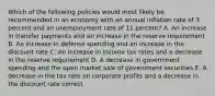 Which of the following policies would most likely be recommended in an economy with an annual inflation rate of 3 percent and an unemployment rate of 11 percent? A. An increase in transfer payments and an increase in the reserve requirement B. An increase in defense spending and an increase in the discount rate C. An increase in income tax rates and a decrease in the reserve requirement D. A decrease in government spending and the open market sale of government securities E. A decrease in the tax rate on corporate profits and a decrease in the discount rate correct