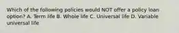 Which of the following policies would NOT offer a policy loan option? A. Term life B. Whole life C. Universal life D. Variable universal life