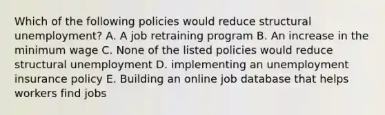 Which of the following policies would reduce structural unemployment? A. A job retraining program B. An increase in the minimum wage C. None of the listed policies would reduce structural unemployment D. implementing an unemployment insurance policy E. Building an online job database that helps workers find jobs