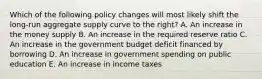 Which of the following policy changes will most likely shift the long-run aggregate supply curve to the right? A. An increase in the money supply B. An increase in the required reserve ratio C. An increase in the government budget deficit financed by borrowing D. An increase in government spending on public education E. An increase in income taxes