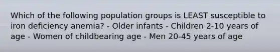 Which of the following population groups is LEAST susceptible to iron deficiency anemia? - Older infants - Children 2-10 years of age - Women of childbearing age - Men 20-45 years of age