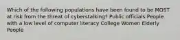 Which of the following populations have been found to be MOST at risk from the threat of cyberstalking? Public officials People with a low level of computer literacy College Women Elderly People