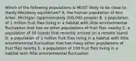 Which of the following populations is MOST likely to be close to Hardy-Weinberg equilibrium? A. the human population of Ann Arbor, Michigan (approximately 200,000 people) B. a population of 1 million fruit flies living in a habitat with little environmental fluctuation that has no other populations of fruit flies nearby C. a population of 50 lizards that recently arrived on a remote island D. a population of 1 million fruit flies living in a habitat with little environmental fluctuation that has many other populations of fruit flies nearby E. a population of 100 fruit flies living in a habitat with little environmental fluctuation