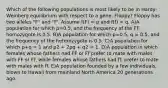 Which of the following populations is most likely to be in Hardy-Weinberg equilibrium with respect to a gene, Floppy? Floppy has two alleles "F" and "f". Assume f(F) = p and f(f) = q. A)A population for which p=0.5, and the frequency of the FF homozygote is 0.5. B)A population for which p=0.5, q = 0.5, and the frequency of the heterozygote is 0.5. C)A population for which p+q = 1 and p2 + 2pq + q2 = 1. D)A population in which females whose fathers had FF or Ff prefer to mate with males with FF or Ff, while females whose fathers had ff, prefer to mate with males with ff. E)A population founded by a few individuals, blown to Hawaii from mainland North America 20 generations ago.