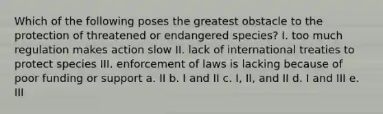 Which of the following poses the greatest obstacle to the protection of threatened or endangered species? I. too much regulation makes action slow II. lack of international treaties to protect species III. enforcement of laws is lacking because of poor funding or support a. II b. I and II c. I, II, and II d. I and III e. III