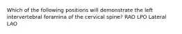 Which of the following positions will demonstrate the left intervertebral foramina of the cervical spine? RAO LPO Lateral LAO