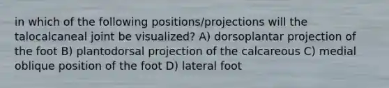 in which of the following positions/projections will the talocalcaneal joint be visualized? A) dorsoplantar projection of the foot B) plantodorsal projection of the calcareous C) medial oblique position of the foot D) lateral foot