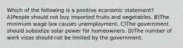 Which of the following is a positive economic statement? A)People should not buy imported fruits and vegetables. B)The minimum wage law causes unemployment. C)The government should subsidize solar power for homeowners. D)The number of work visas should not be limited by the government.