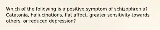 Which of the following is a positive symptom of schizophrenia? Catatonia, hallucinations, flat affect, greater sensitivity towards others, or reduced depression?