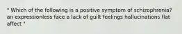 " Which of the following is a positive symptom of schizophrenia? an expressionless face a lack of guilt feelings hallucinations flat affect "