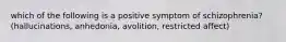 which of the following is a positive symptom of schizophrenia? (hallucinations, anhedonia, avolition, restricted affect)