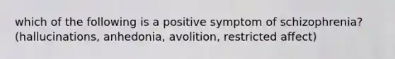 which of the following is a positive symptom of schizophrenia? (hallucinations, anhedonia, avolition, restricted affect)