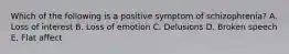 Which of the following is a positive symptom of schizophrenia? A. Loss of interest B. Loss of emotion C. Delusions D. Broken speech E. Flat affect