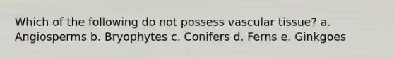 Which of the following do not possess <a href='https://www.questionai.com/knowledge/k1HVFq17mo-vascular-tissue' class='anchor-knowledge'>vascular tissue</a>? a. Angiosperms b. Bryophytes c. Conifers d. Ferns e. Ginkgoes