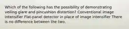 Which of the following has the possibility of demonstrating veiling glare and pincushion distortion? Conventional image intensifier Flat-panel detector in place of image intensifier There is no difference between the two.