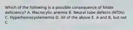 Which of the following is a possible consequence of folate deficiency? A. Macrocytic anemia B. Neural tube defects (NTDs) C. Hyperhomocysteinemia D. All of the above E. A and B, but not C