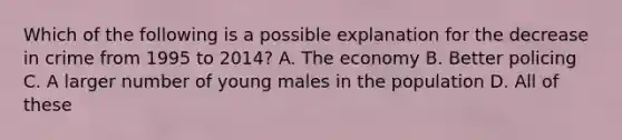 Which of the following is a possible explanation for the decrease in crime from 1995 to 2014? A. The economy B. Better policing C. A larger number of young males in the population D. All of these