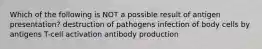 Which of the following is NOT a possible result of antigen presentation? destruction of pathogens infection of body cells by antigens T-cell activation antibody production