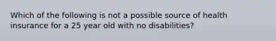 Which of the following is not a possible source of health insurance for a 25 year old with no disabilities?