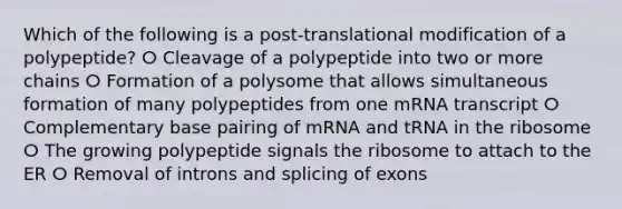 Which of the following is a post-translational modification of a polypeptide? ⵔ Cleavage of a polypeptide into two or more chains ⵔ Formation of a polysome that allows simultaneous formation of many polypeptides from one mRNA transcript ⵔ Complementary base pairing of mRNA and tRNA in the ribosome ⵔ The growing polypeptide signals the ribosome to attach to the ER ⵔ Removal of introns and splicing of exons