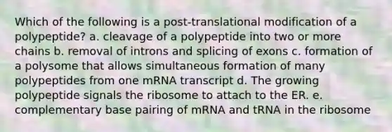 Which of the following is a post-translational modification of a polypeptide? a. cleavage of a polypeptide into two or more chains b. removal of introns and splicing of exons c. formation of a polysome that allows simultaneous formation of many polypeptides from one mRNA transcript d. The growing polypeptide signals the ribosome to attach to the ER. e. complementary base pairing of mRNA and tRNA in the ribosome