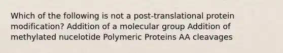 Which of the following is not a post-translational protein modification? Addition of a molecular group Addition of methylated nucelotide Polymeric Proteins AA cleavages