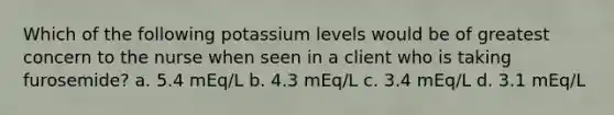 Which of the following potassium levels would be of greatest concern to the nurse when seen in a client who is taking furosemide? a. 5.4 mEq/L b. 4.3 mEq/L c. 3.4 mEq/L d. 3.1 mEq/L