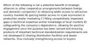 Which of the following is not a potential benefit of strategic alliances or other cooperative arrangements between foreign and domestic companies? A) obtaining wider access to attractive country markets B) gaining better access to scale economies in production and/or marketing C) filling competitively important gaps in technical expertise and/or knowledge of local markets D) safeguarding the company's dependence, allowing for positive engagement once the purpose has been served and ensuring products of important technical standardization requirements are not developed E) sharing distribution facilities and dealer networks, thus mutually strengthening access to buyers