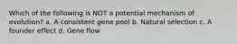 Which of the following is NOT a potential mechanism of evolution? a. A consistent gene pool b. Natural selection c. A founder effect d. Gene flow