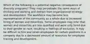 Which of the following is a potential negative consequence of diversity programs? They may perpetuate the same ways of thinking and working and detract from organizational strategy and development. The workforce may become less representative of the community as a whole due to increased hiring of women and minorities. Some employees may infer that women and minorities are less qualified and were only hired due to their gender or race, resulting in feelings of exclusion. It may be difficult to hire and retain employees for certain positions in a company due to a decreased amount of resources for employee training and development.