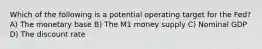 Which of the following is a potential operating target for the Fed? A) The monetary base B) The M1 money supply C) Nominal GDP D) The discount rate