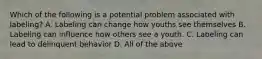 Which of the following is a potential problem associated with labeling? A. Labeling can change how youths see themselves B. Labeling can influence how others see a youth. C. Labeling can lead to delinquent behavior D. All of the above