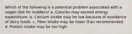 Which of the following is a potential problem associated with a vegan diet for toddlers? a. Calories may exceed energy expenditure. b. Calcium intake may be low because of avoidance of dairy foods. c. Fiber intake may be lower than recommended. d. Protein intake may be too high.