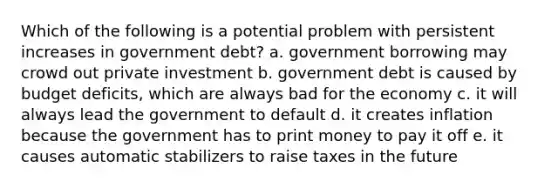 Which of the following is a potential problem with persistent increases in government debt? a. government borrowing may crowd out private investment b. government debt is caused by budget deficits, which are always bad for the economy c. it will always lead the government to default d. it creates inflation because the government has to print money to pay it off e. it causes automatic stabilizers to raise taxes in the future