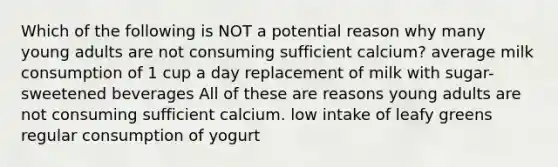 Which of the following is NOT a potential reason why many young adults are not consuming sufficient calcium? average milk consumption of 1 cup a day replacement of milk with sugar-sweetened beverages All of these are reasons young adults are not consuming sufficient calcium. low intake of leafy greens regular consumption of yogurt