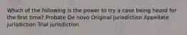 Which of the following is the power to try a case being heard for the first time? Probate De novo Original jurisdiction Appellate jurisdiction Trial jurisdiction