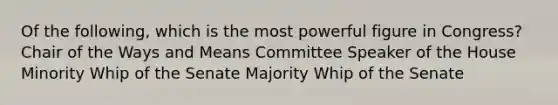 Of the following, which is the most powerful figure in Congress?Chair of the Ways and Means Committee Speaker of the House Minority Whip of the Senate Majority Whip of the Senate