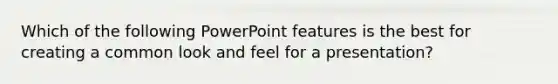 Which of the following PowerPoint features is the best for creating a common look and feel for a presentation?