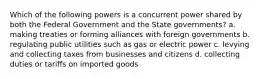 Which of the following powers is a concurrent power shared by both the Federal Government and the State governments? a. making treaties or forming alliances with foreign governments b. regulating public utilities such as gas or electric power c. levying and collecting taxes from businesses and citizens d. collecting duties or tariffs on imported goods