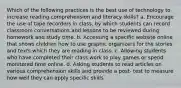 Which of the following practices is the best use of technology to increase reading comprehension and literacy skills? a. Encourage the use of tape recorders in class, by which students can record classroom conversations and lessons to be reviewed during homework and study time. b. Accessing a specific website online that shows children how to use graphic organizers for the stories and texts which they are reading in class. c. Allowing students who have completed their class work to play games or spend monitored time online. d. Asking students to read articles on various comprehension skills and provide a post- test to measure how well they can apply specific skills.