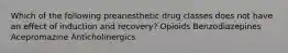 Which of the following preanesthetic drug classes does not have an effect of induction and recovery? Opioids Benzodiazepines Acepromazine Anticholinergics