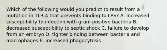 Which of the following would you predict to result from a mutation in TLR-4 that prevents binding to LPS? A. increased susceptibility to infection with gram positive bacteria B. decreased susceptibility to septic shock C. failure to develop from an embryo D. tighter binding between bacteria and macrophages E. increased phagocytosis