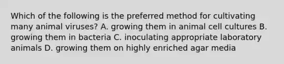 Which of the following is the preferred method for cultivating many animal viruses? A. growing them in animal cell cultures B. growing them in bacteria C. inoculating appropriate laboratory animals D. growing them on highly enriched agar media