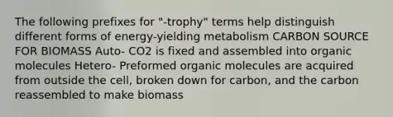 The following prefixes for "-trophy" terms help distinguish different forms of energy-yielding metabolism CARBON SOURCE FOR BIOMASS Auto- CO2 is fixed and assembled into <a href='https://www.questionai.com/knowledge/kjUwUacPFG-organic-molecules' class='anchor-knowledge'>organic molecules</a> Hetero- Preformed organic molecules are acquired from outside the cell, broken down for carbon, and the carbon reassembled to make biomass