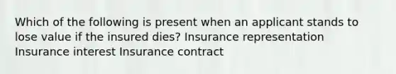 Which of the following is present when an applicant stands to lose value if the insured dies? Insurance representation Insurance interest Insurance contract