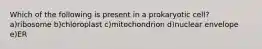 Which of the following is present in a prokaryotic cell? a)ribosome b)chloroplast c)mitochondrion d)nuclear envelope e)ER
